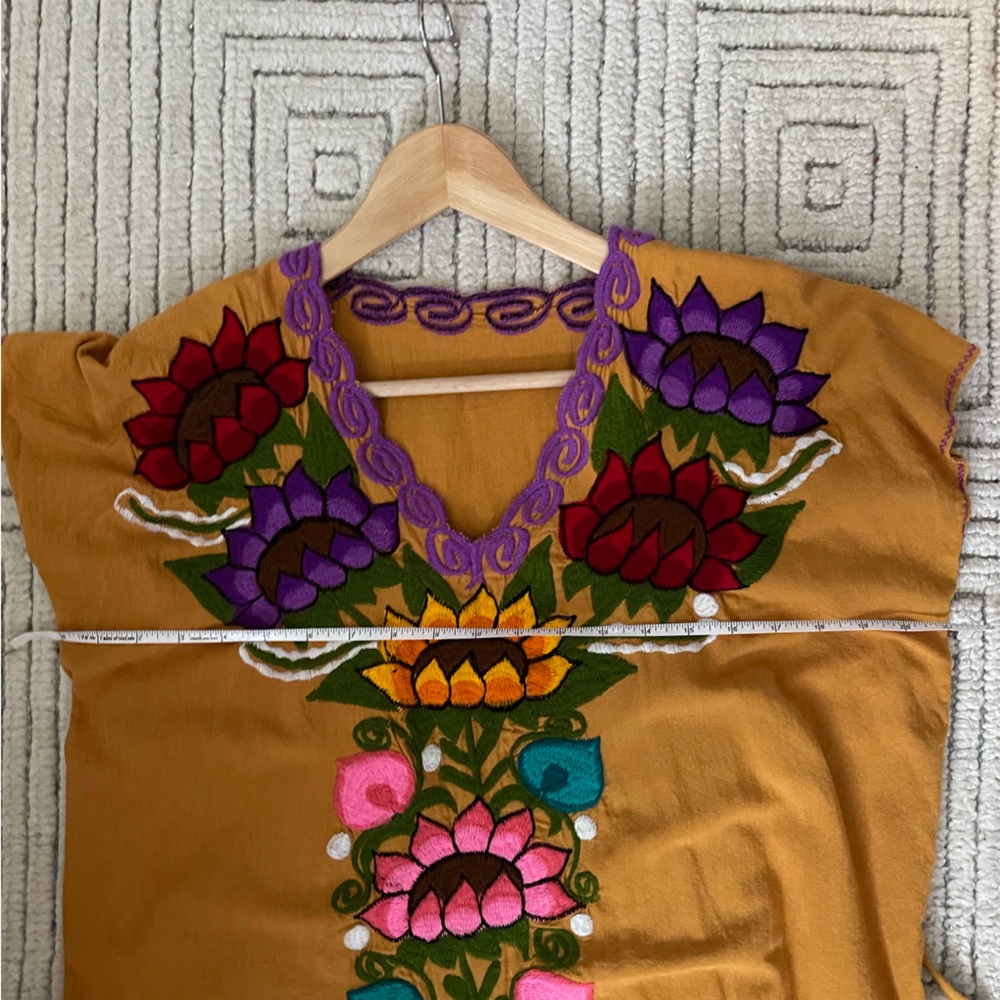 Mexican Embroidered Floral Tank Dress in Mustard with Multicolor Bloom - Picture 3 of 8